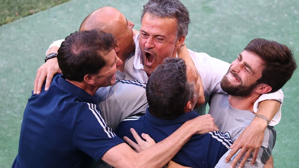 Luis Enrique celebrates Spain’s extra-time win over Croatia at the Parken Stadium in Copenhagen. Photograph: Getty Images