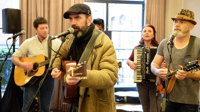 Members of the cast of Once performing at the launch of Let’s Celebrate: The Cultural and Economic Contribution of Live Entertainment Events in Ireland. Photograph: Eric Luke