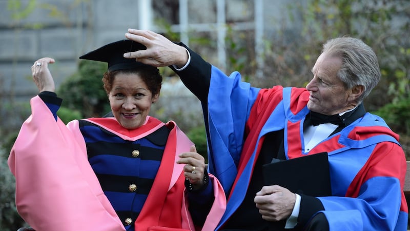 The late abuse victims campaigner Christine Buckley and the late American playwright Sam Shepard at Trinity College Dublin where they received honorary degrees in 2012. Photograph: Frank Miller