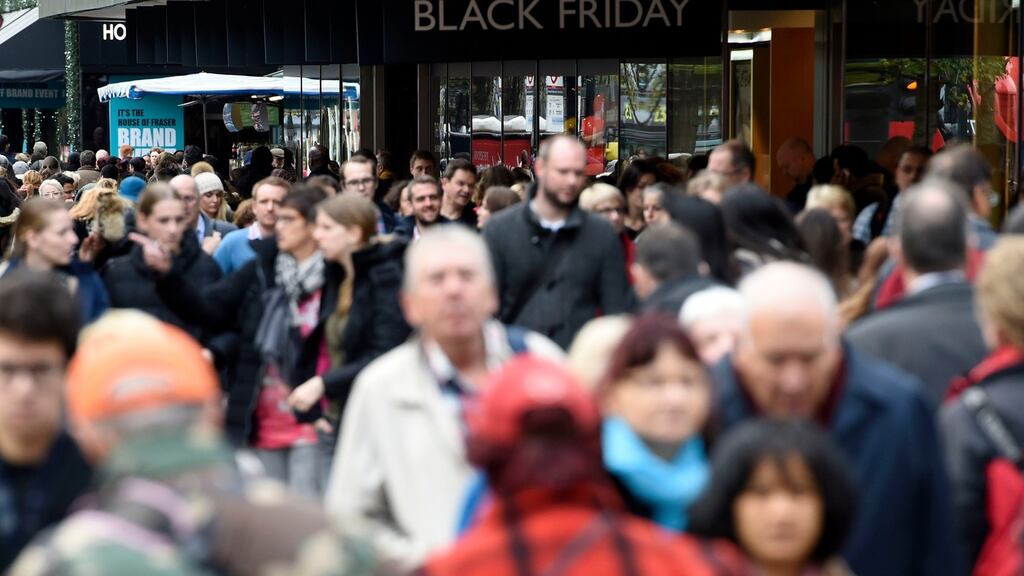 Shoppers on Oxford Street, London, on Black Friday: the overall value of goods sold, including contributions from new stores, was ahead by a lacklustre 0.7 per cent, well down on the 1.7 per cent average growth rate over the past 12 months. Photograph: Lauren Hurley/PA Wire