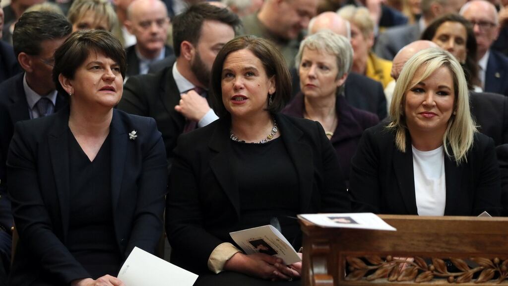 DUP leader Arlene Foster, Sinn Féin leader Mary Lou McDonald and Sinn Féin vice-president Michelle O’Neill attend the funeral service for murdered journalist Lyra McKee in St Anne’s Cathedral in Belfast, on Wednesday. Photograph: Brian Lawless/EPA