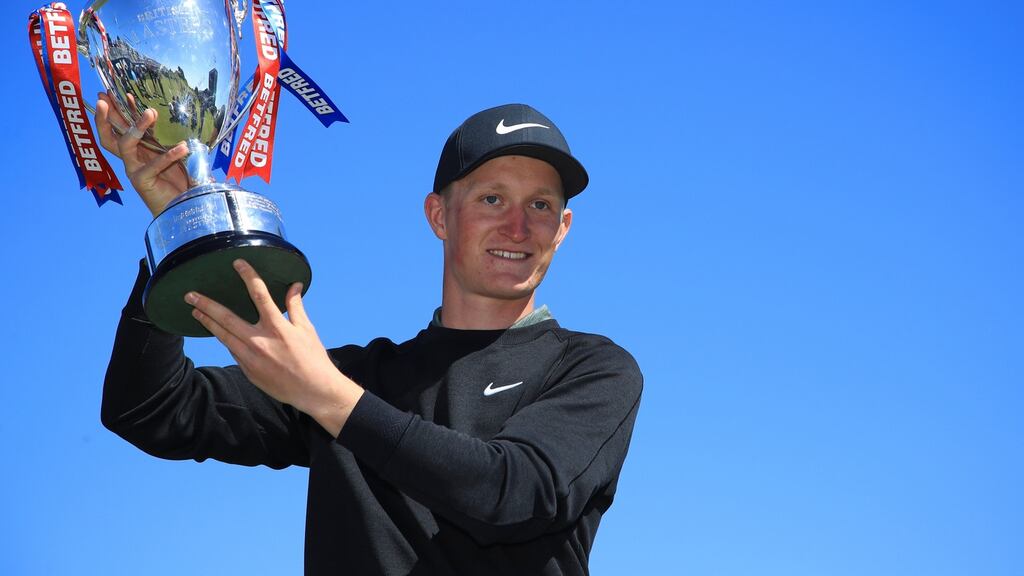 Marcus Kinhult celebrates after his victory in the British Masters. Photograph: Andrew Redington/Getty