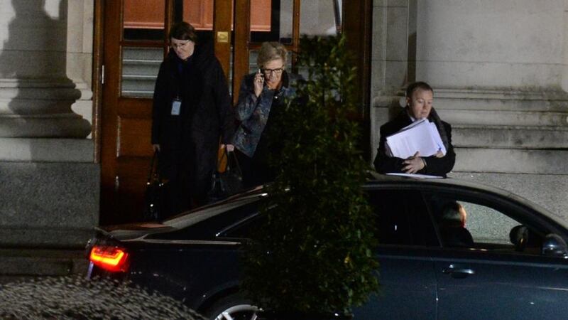 Last-ditch efforts: Frances Fitzgerald leaving Government Buildings. Photograph: Cyril Byrne