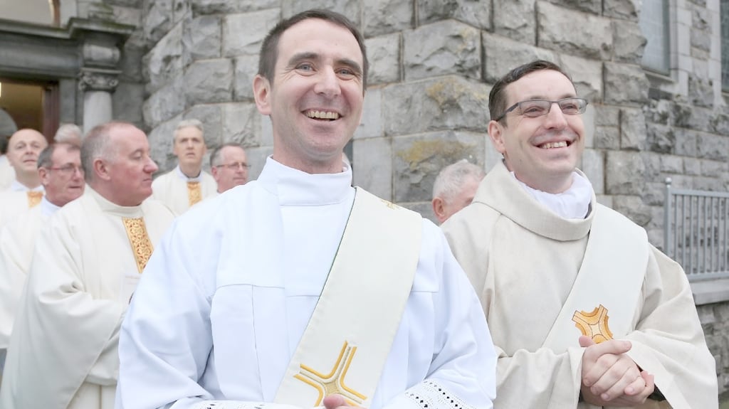 John O’Halloran and Michael King during the procession at their ordination at Galway Cathedral yesterday. Photograph: Joe O’Shaughnessy