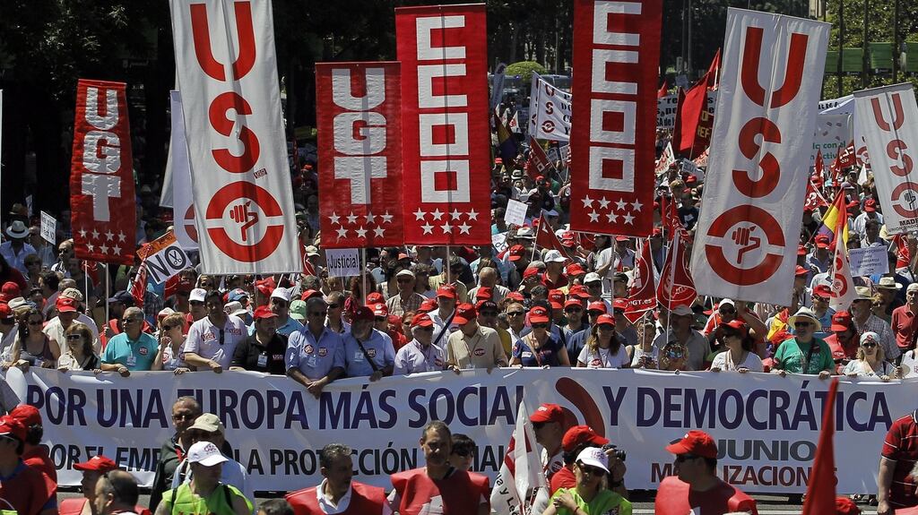 Protesters in Madrid demand the EU change its financial policies to fight unemployment and the financial crisis in 2013, when youth unemployment peaked at 55 per cent. Photograph: Andres Kudacki/AP