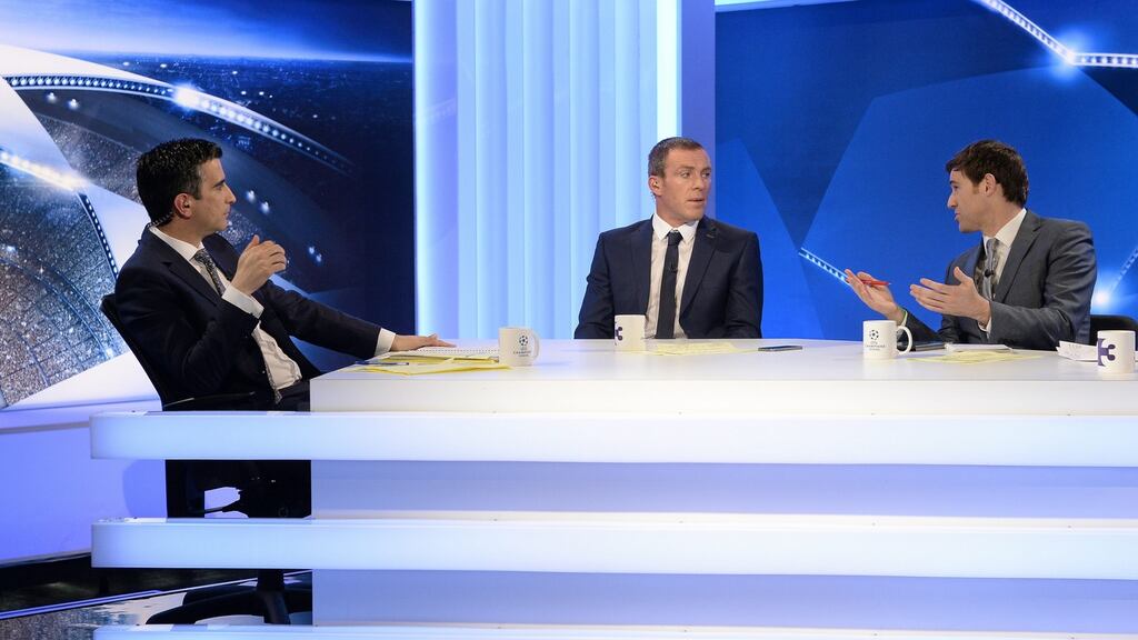 Former Republic of Ireland international Richard Dunne pictured with regular TV3 analyst Kevin Kilbane, and anchor Tommy Martin.