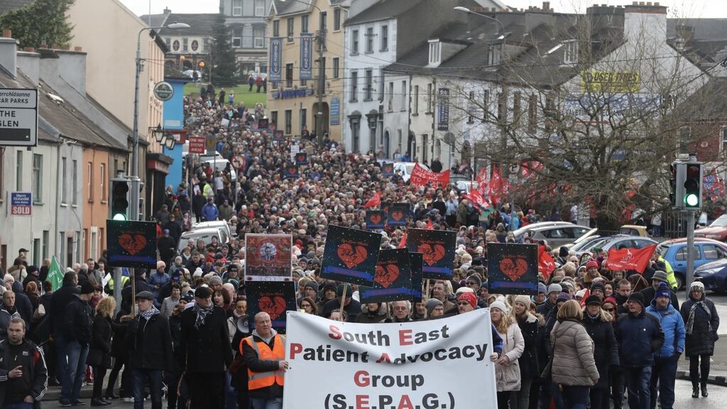 Protesters march against the downgrading of Waterford University Hospital. Photograph: Patrick Browne