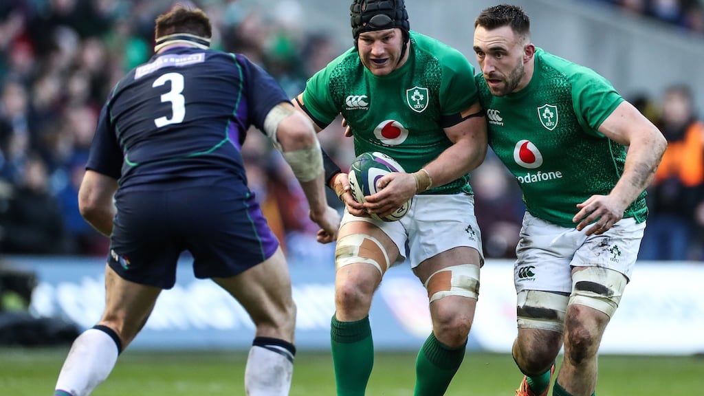 Ireland’s Sean O’Brien and Jack Conan with Scotland’s Simon Berghan at Murrayfield. Photograph: Billy Stickland/Inpho