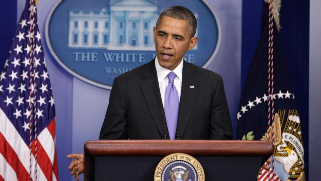 US president Barack Obama speaks to the media in the briefing room of the White House in Washington after the Senate passed the bill to reopen the government. Photograph: Yuri Gripas/Reuters