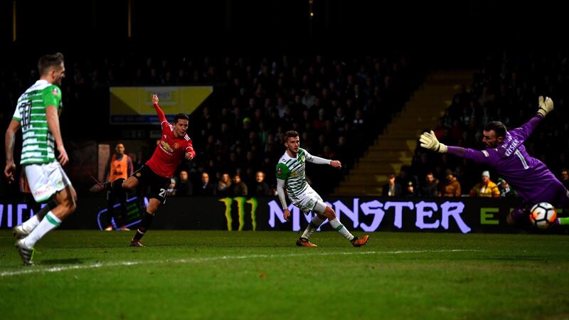 Herrera rattles in United’s second goal of the game. Photo: Dan Mullan/Getty Images