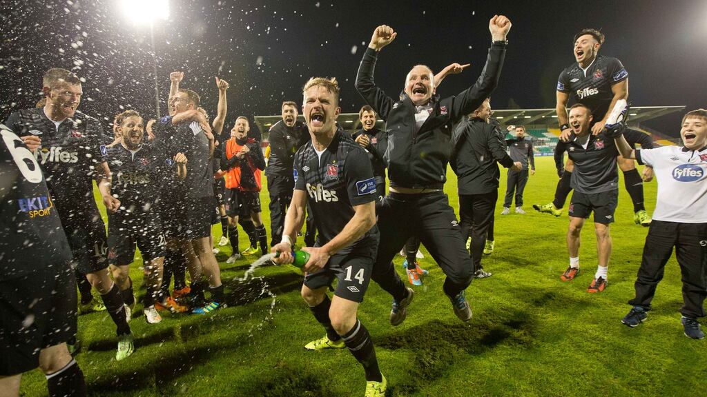 Dundalk players celebrate after capturing the league title for the second time in a row. John Delaney described the league as the Irish game’s “problem child”. Photograph: Morgan Treacy/Inpho