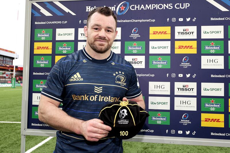Leinster's Cian Healy celebrates with his 100th European cap. Photograph: Laszlo Geczo/Inpho