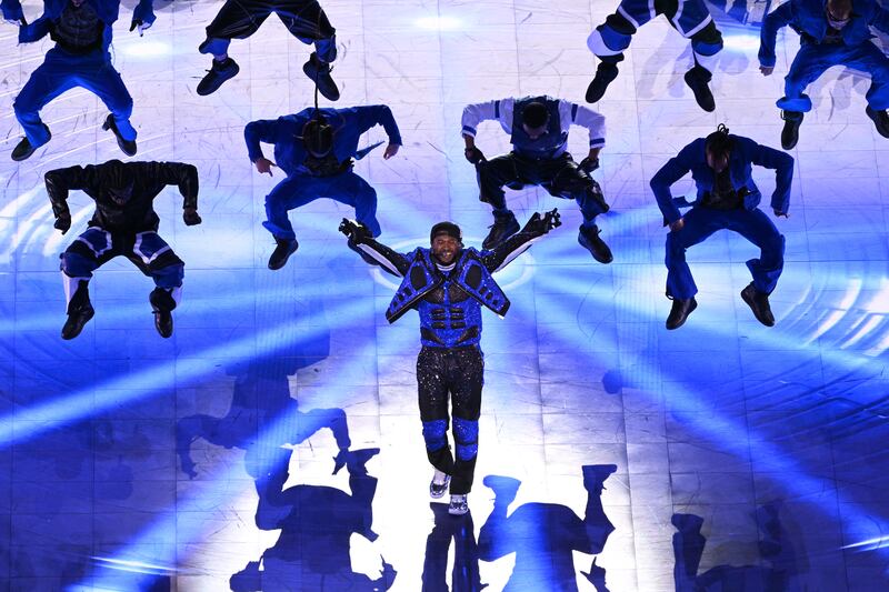 Usher performing during halftime show of Super Bowl LVIII. Photograph: Bridget Bennett/New York Times