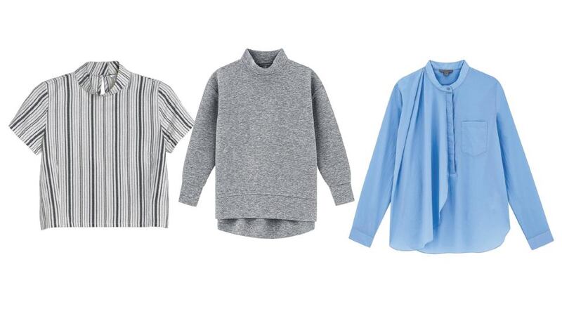 From left: Monki striped top, €30; Cos cocoon top with elasticated waist, €49; Cos shirt with asymmetric drape, €69
