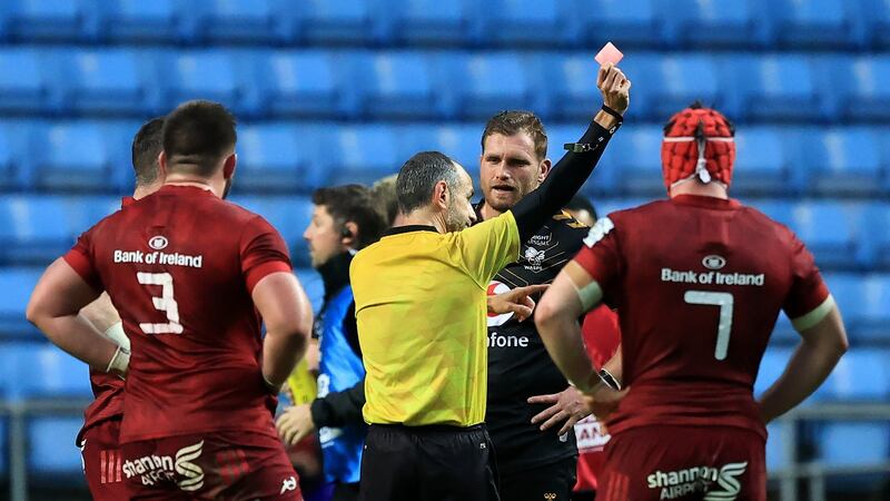 Brad Shields, the Wasps captain, is shown the red card by referee Romain Poite during the European Rugby Champions Cup match between Wasps and Munster at The Coventry Building Society Arena. Photograph: David Rogers/Getty Images
