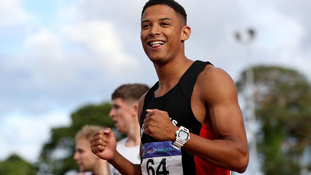 Leon Reid celebrating his win in the men’s 100m final at  National Senior Athletic  Championships at  Morton Stadium, in  Santry. Photograph: Bryan Keane/Inpho