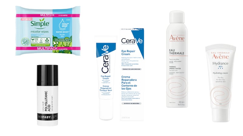Simple Kind to Skin Micellar Biodegradable Cleansing Wipes, Polyglutamic Serum from The Inkey List, CeraVe Eye Repair Cream, Avène Hydrating Mist and Avène Hydrance Rich Hydrating Cream