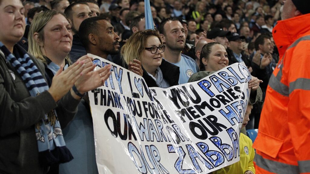 Fans show their appreciation before Pablo Zabaleta’s last home game at the Etihad. Photograph: Getty Images