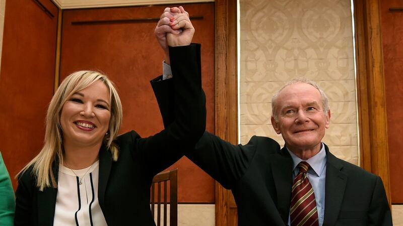 Sinn Féin’s Michelle O’Neill  with Martin McGuinness after she was announced as his replacement. Photograph: Clodagh Kilcoyne/Reuters