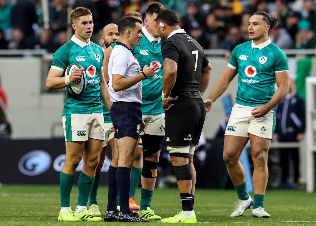 Referee Pierre Brousset speaks with New Zealand’s Ardie Savea. Photograph: Gary Carr/Inpho