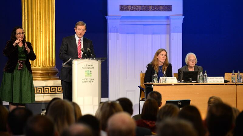 An Taoiseach Enda Kenny with Ms Justice Mary Laffoy, Chairperson and Sharon Finegan, Secretary, at the Inaugural meeting of The Citizens’ Assembly in Dublin Castle. Photograph: Dara Mac Dónaill / The Irish Times