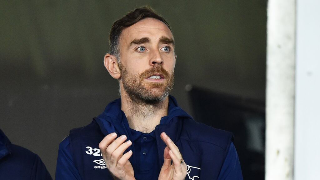 Richard Keogh looks on from the stands during the Sky Bet Championship match between Derby County and Wigan Athletic at Pride Park Stadium on October 23rd. Photograph: Nathan Stirk/Getty Images