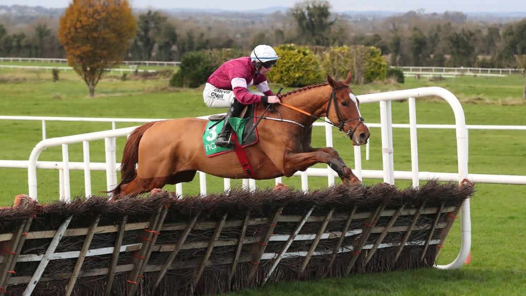 Samcro ridden by Jack Kennedy jumps the last to win The ‘Monksfield’ Novice Hurdle at Navan. Photograph: Niall Carson/PA