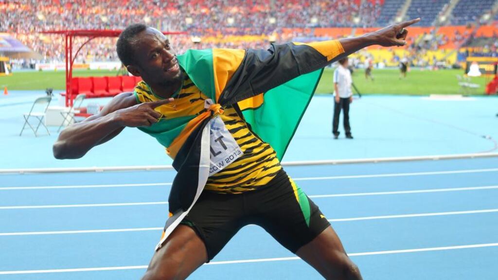 Usain Bolt celebrates his victory in the 200 metres at the World Championships in Moscow. Photo: Dave Thompson/PA