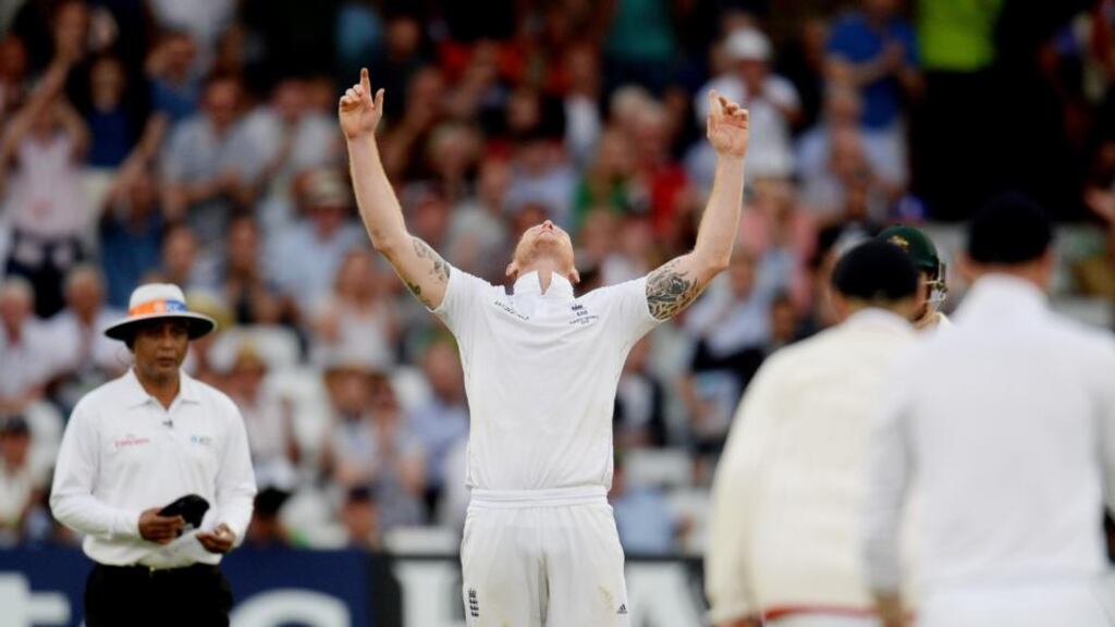 England’s Ben Stokes celebrates dismissing Australia’s Mitchell Johnson at Trent Bridge. Photograph:  Philip Brown/Reuters