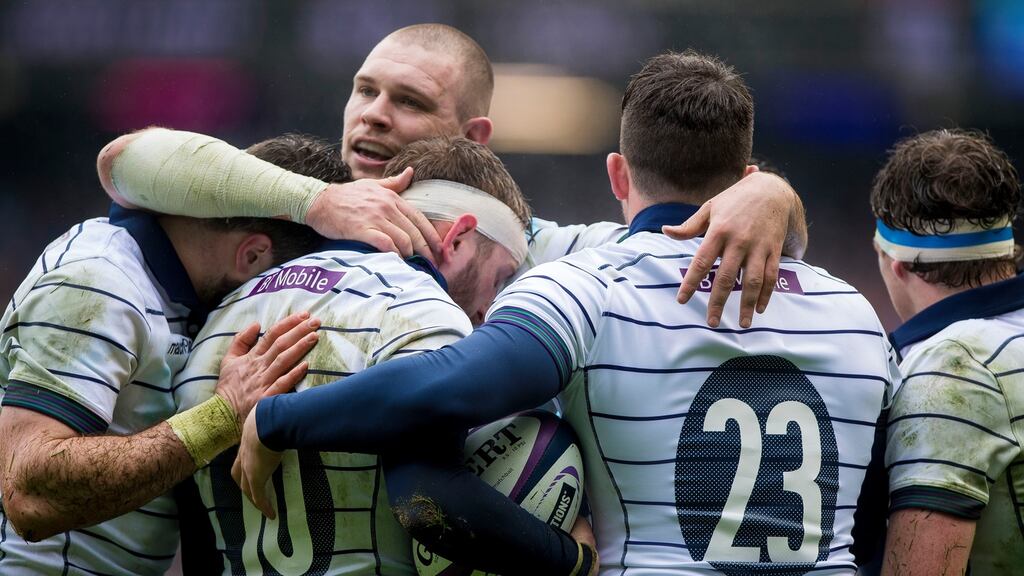 Scotland’s Finn Russell celebrates scoring a try against Italy at Murrayfield. Photograph: Craig Watson/Inpho