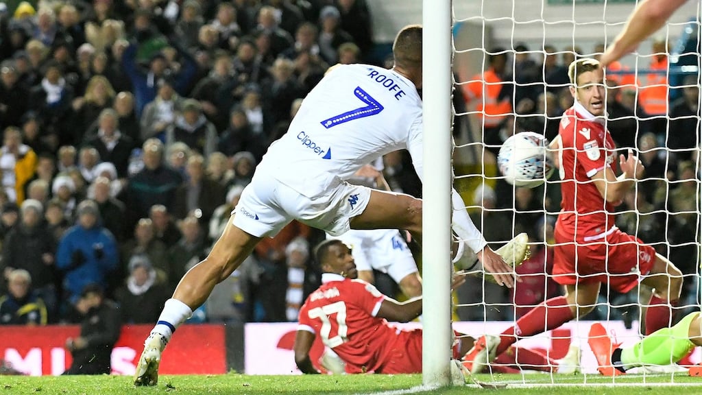 Kemar Roofe of Leeds United scores the equalising goal during their Championschip draw with Nottingham Forest. Photo: George Wood/Getty Images