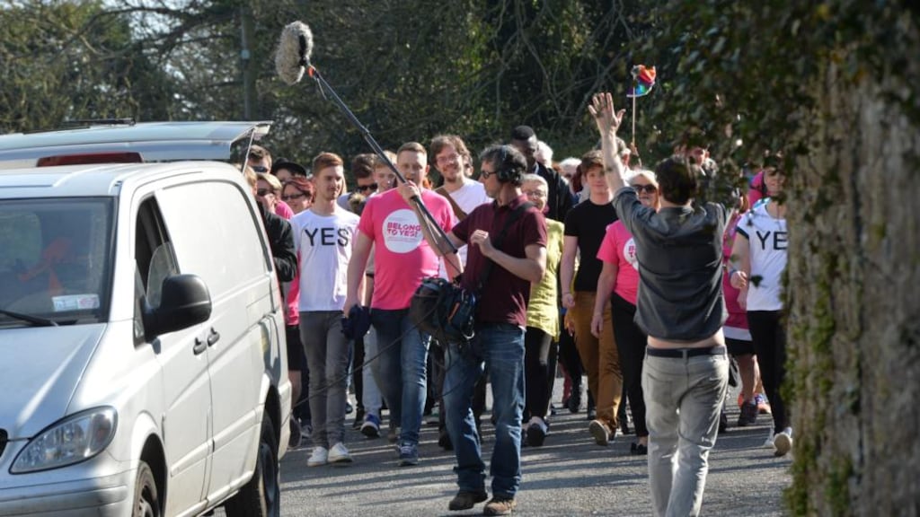 Filming: volunteers take part in BeLonGTo’s advertisement in the Naul. Photograph: Alan Betson