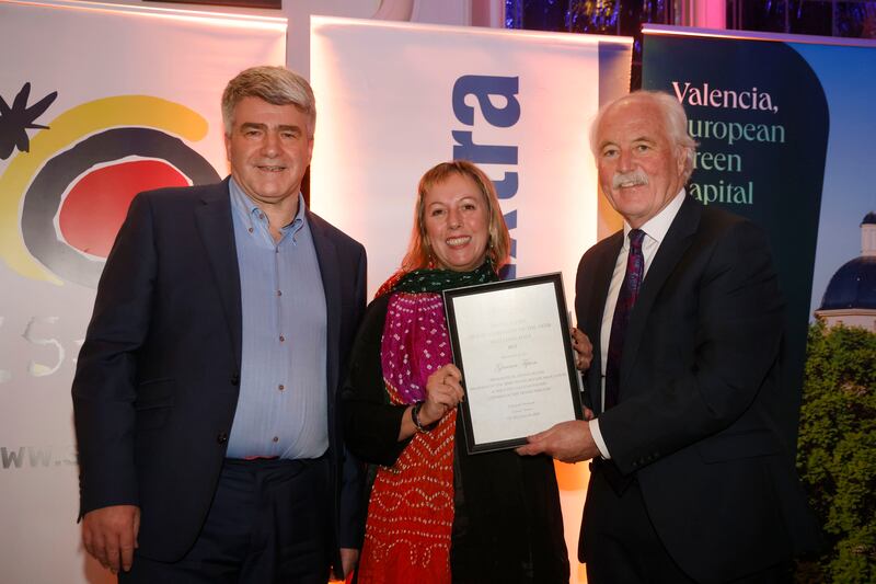 Irish Times journalist Gemma Tipton, winner of the long haul category, with Eoghan Corry of Travel Extra and John Spollen of Cassidy Travel at the Travel Extra Travel Journalist of the Year Awards 2023. Photograph: Arthur Carron