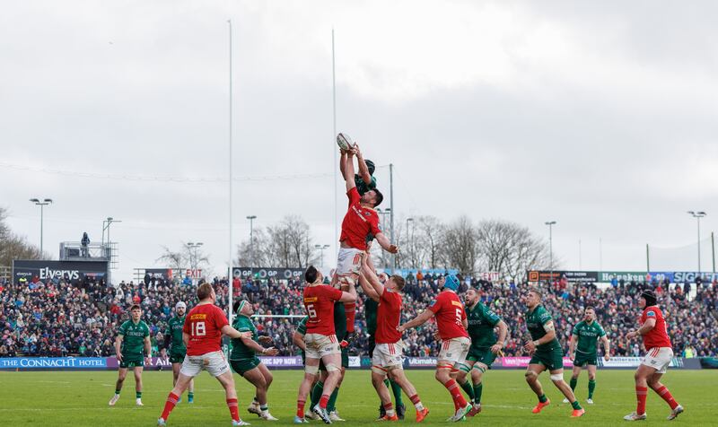 Munster’s Jean Kleyn steals a late lineout during the game against Connacht at MacHale Park. Photograph: James Crombie/Inpho