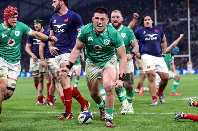 Dan Sheehan celebrates scoring Ireland’s fourth try against France in the 2024 Six Nations opener against France in Marseille, which was played on a Friday night. Photograph: Dan Sheridan/Inpho