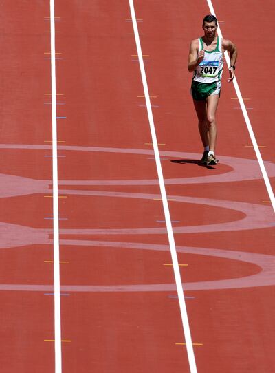 Jamie Costin heads for the finish line in the men's 50k walk in Beijing in 2008. Photograph: Lorraine O'Sullivan/Inpho