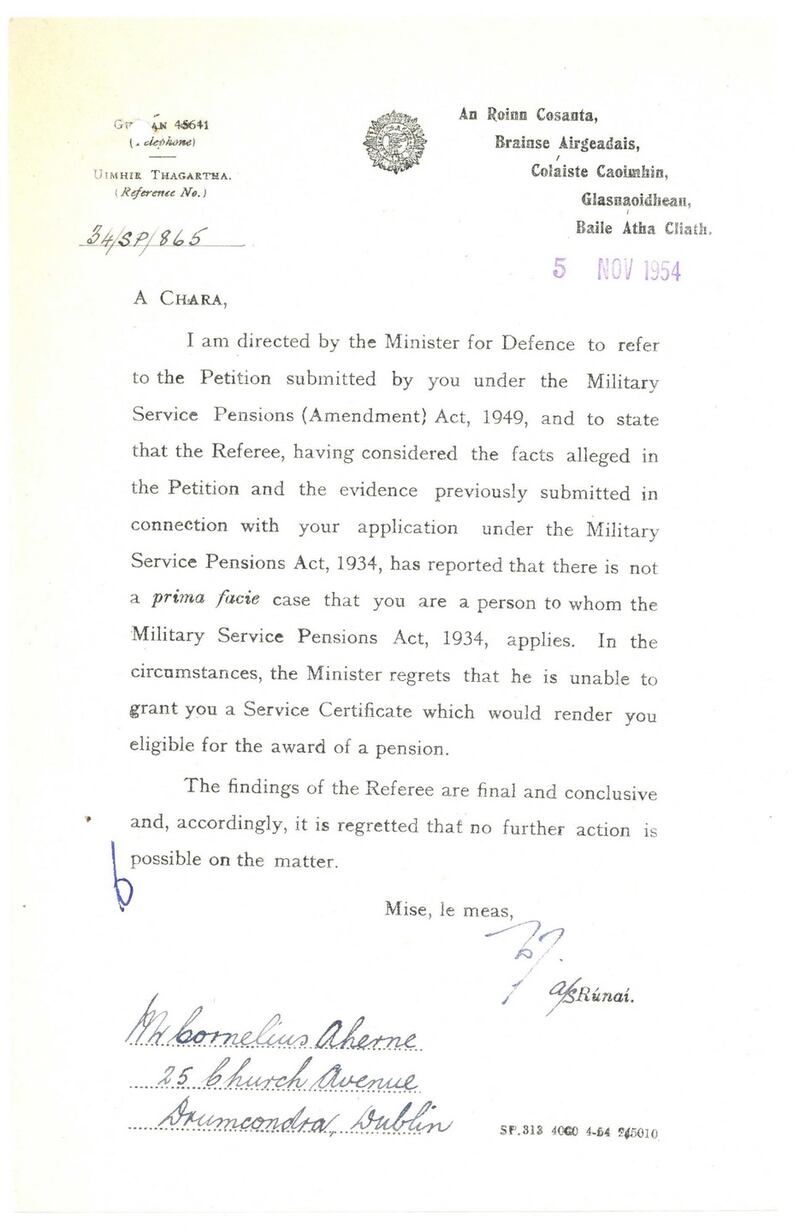 Letter informing Con Ahern his application had been turned down. Only a sixth of those who applied for pensions were granted them. Image: Military Service Pensions Collection