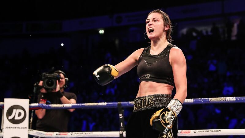 Katie Taylor celebrates after her victory over Christina Linardatou  in her WBO World Super-Lightweight Championship fight in November 2019. Photograph:  Gary Carr/Inpho