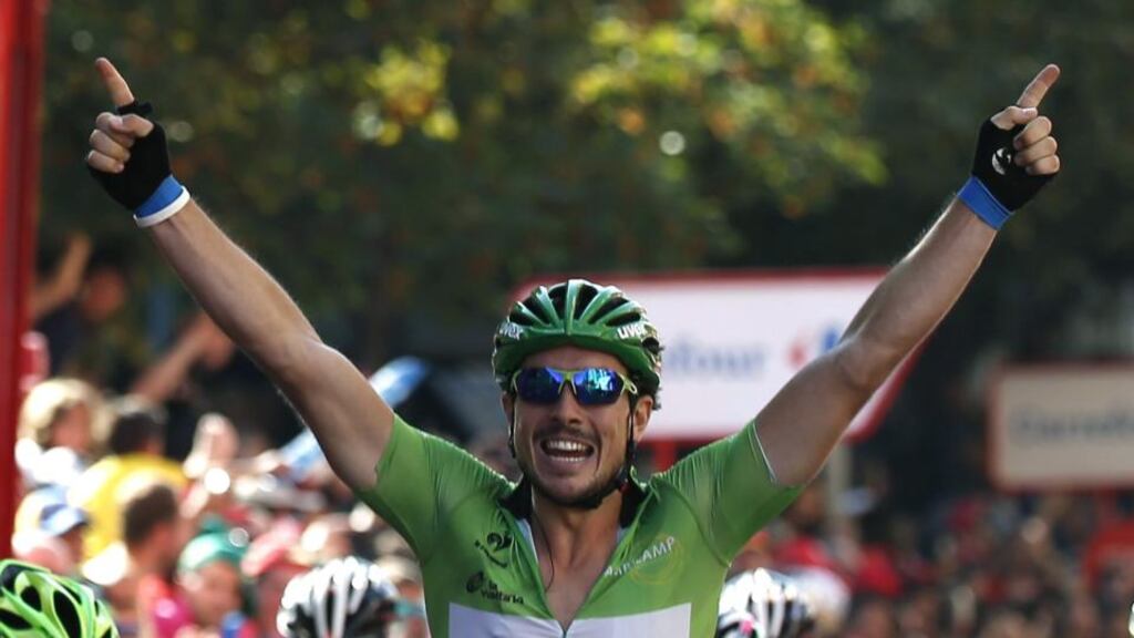 German cyclist   John Degenkolb celebrates after winning the 12th stage of La Vuelta a Espana. Photograph: Javier Lizon  / EPA