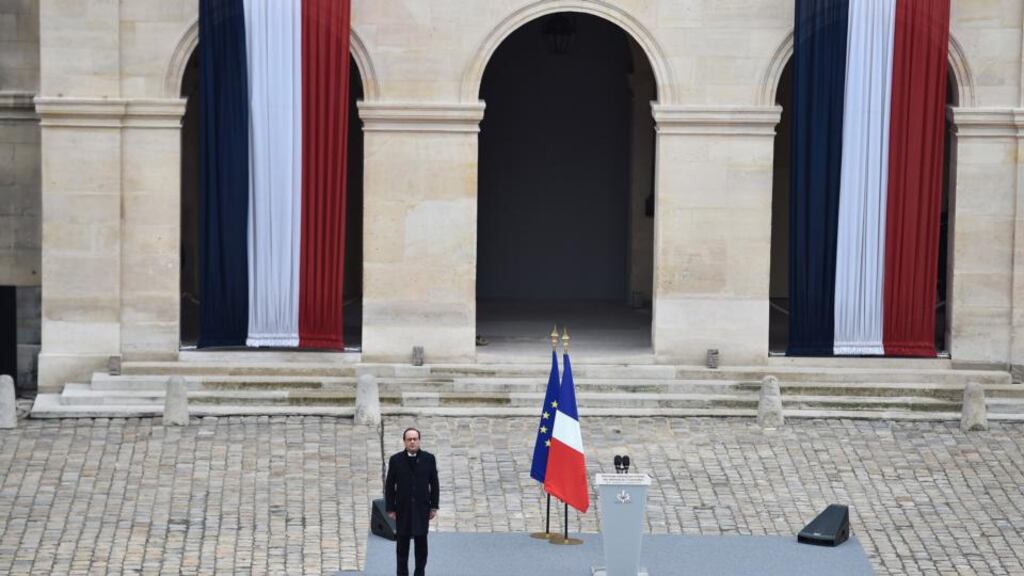 President of France Francois Hollande attends The National Tribute to The Victims of The Paris Terrorist Attacks at Les Invalides in Paris. Photograph: Pascal Le Segretain/Getty Images