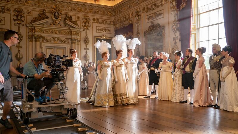 Behind the scenes: Actor Nicola Coughlan and fellow cast filming Bridgerton. Photograph: Liam Daniel/Netflix