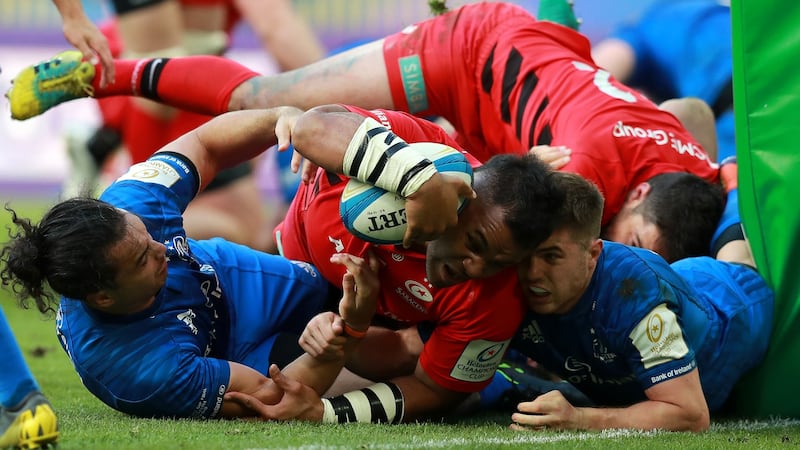 Billy Vunipola of Saracens dives over for their second try during the Champions Cup final at St James’ Park in May 2019. Photograph: David Rogers/Getty Images