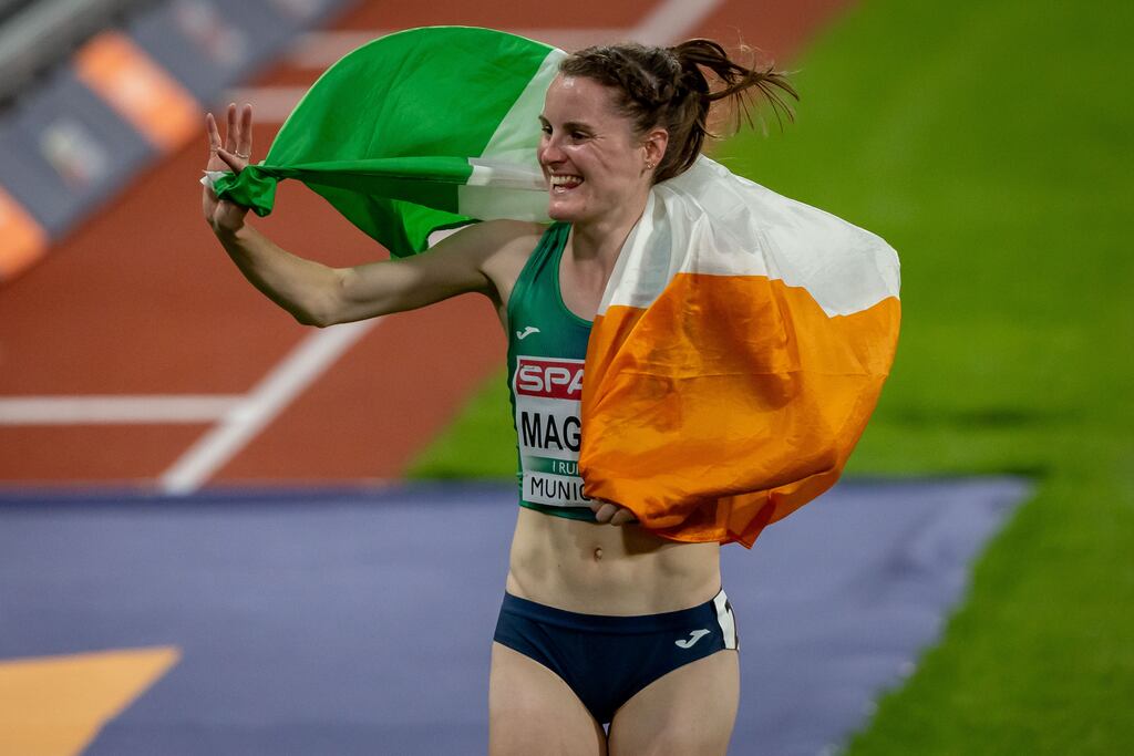 Ireland’s Ciara Mageean celebrates her silver medal in the women's 1500m final at the European Championships in Munich on Friday night. Photograph: Morgan Treacy/ Inpho