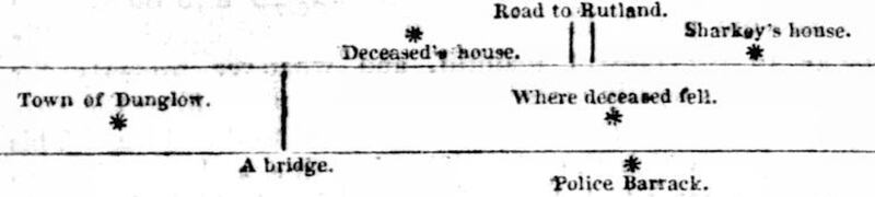 A map produced by the prosecution at the trial for murder of Sergeant Armstrong and his four constables in August 1835; it was reproduced in the London-Derry Journal.