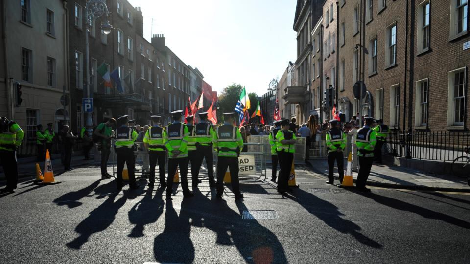 Gardaí on duty outside Leinster House during the anti water charges protest on Wednesday, July 15th, 2015. Photograph: Aidan Crawley