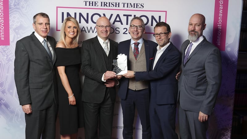 Brainwavebank’s Yannick Tremblay, Alison Buick, Prof Mark Ferguson (Science Foundation Ireland), Ronan Cunningham, Brian Murphy, Tim Davison. The company won the Life Sciences and Healthcare category, sponsored by SFI.
