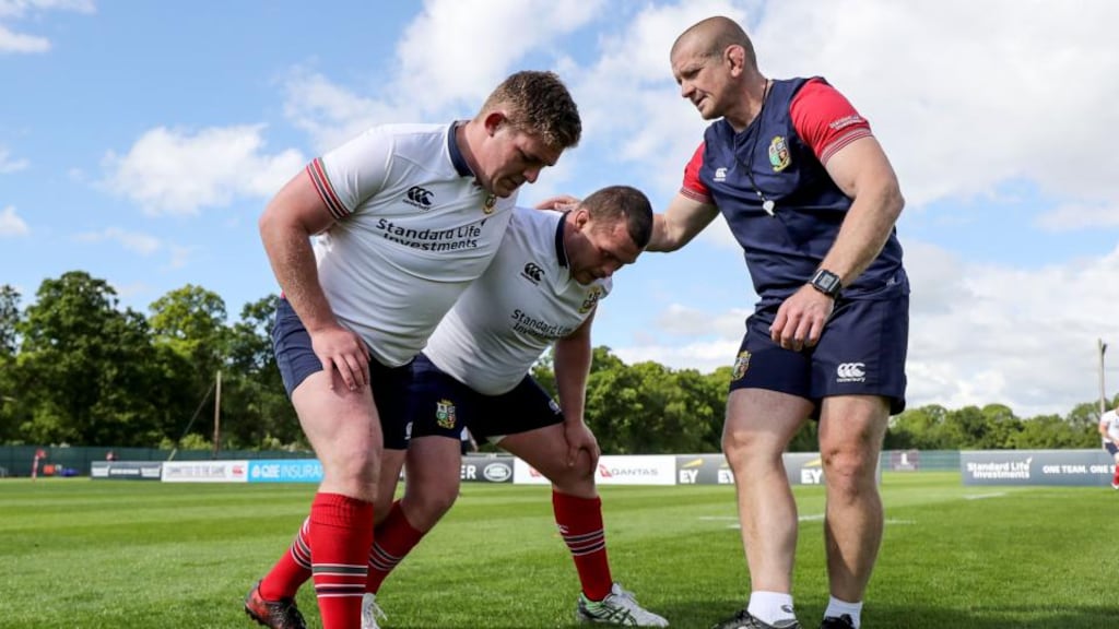Tadhg Furlong and Jack McGrath work with Lions scrum coach Graham Rowntree during a session at Carton House. Photograph: Dan Sheridan/Inpho