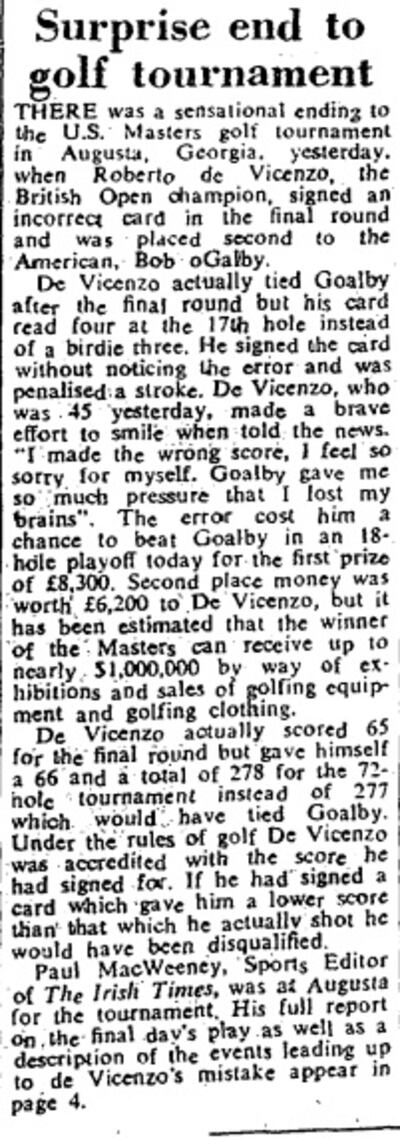 The front page of The Irish Times the day after Roberto De Vicenzo had lost out to Bob Goalby. Photo: Irish Times Archives