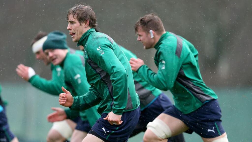 Andrew Trimble (centre) at a training session. Photograph: Dan Sheridan/Inpho.