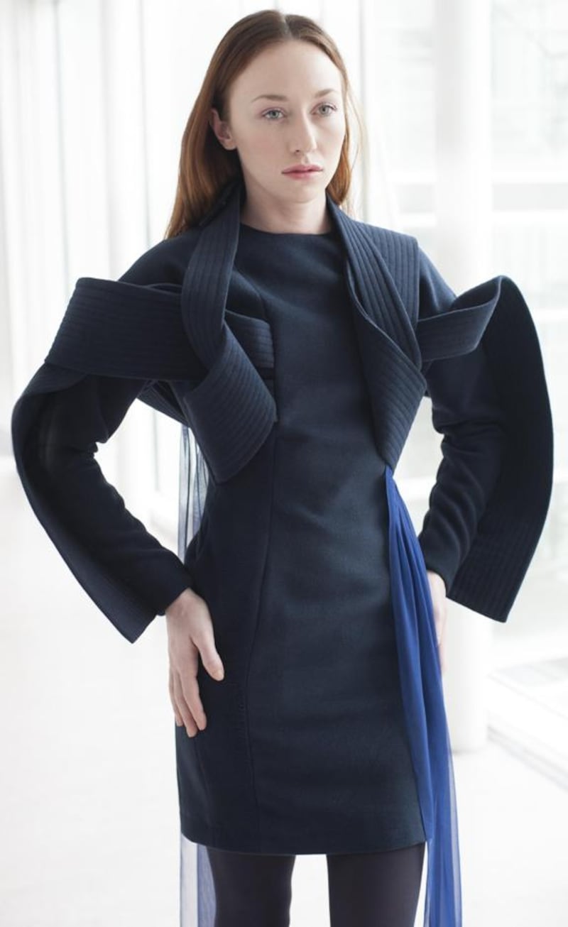 Colin Horgan: navy wool dress with blue silk chiffon detail
